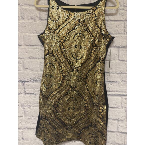 XOXO Black Gold Sequin Sleeveless Mini Formal Party Dress SZ 7/8 NWT Zipper Back - Picture 1 of 4